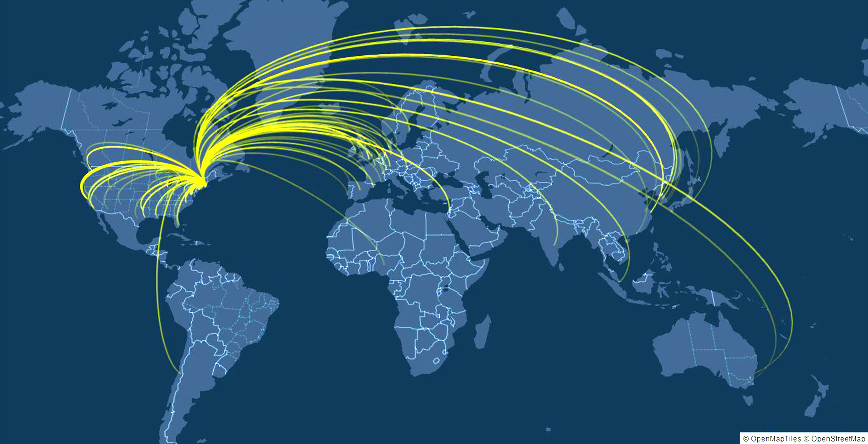 A blue-hued world map shows yellow arcs projecting from Boston to points all over the world, especially Asia and Europe