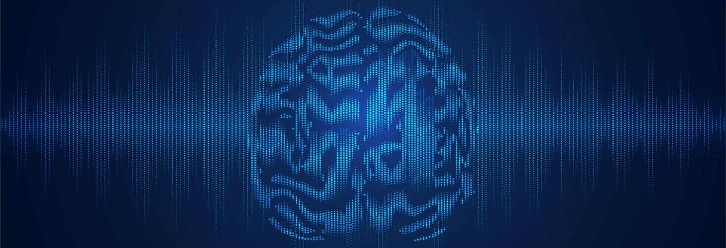 Against a dark blue background a brain made of waves composed of little squares is visible in lighter blue. The waves extend out to either side.