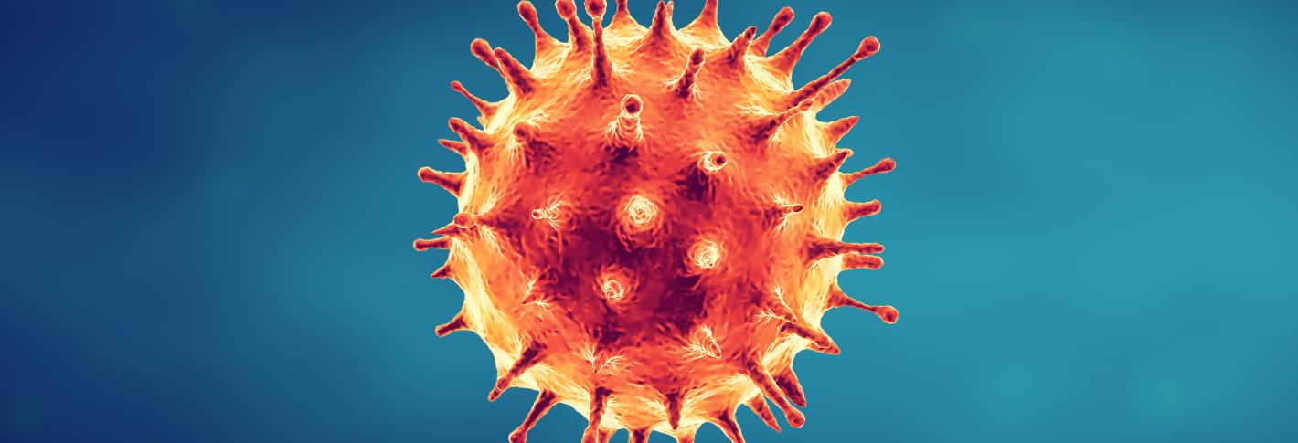 An illustration of a coronoavirus floats over a diffuse blue background