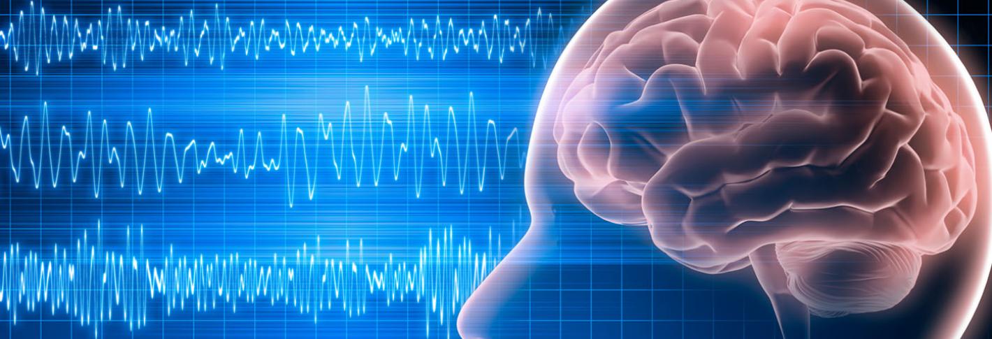 Brain waves emitting from side profile of animated head with brain showing