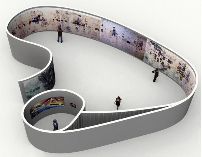 A rendering of an art installation shaped like the limbic system shows people viewing the paintings within