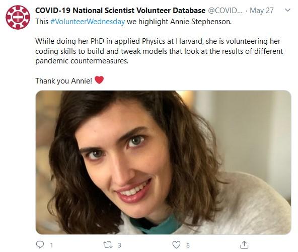 A Tweet feature Annie Stepenson. It includes her portrait and says she is volunteering to do computer modeling of pandemic countermeasures.