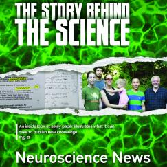 The newsletter cover says "The Story Behind the Science" and shows an image of cells torn through the middle to reveal pictures of notes and the researchers.