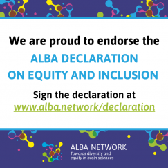 A colorful digital placquard says "We are Proud to Endorse the ALBA Declaration on Equity and Inclusion. Sign the declaration at www.alba.network/declaration"