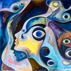 A painting of a face in profile with lots of eyes floating around amid colorful swirls