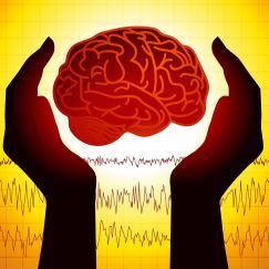 A cartoon of the brain held in hands over a background of brainwaves