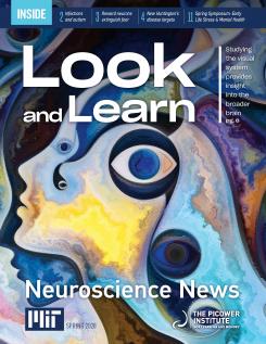 Newsletter cover features a colorful painting of a face in profile with large eyes floating around