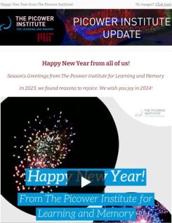 A screenshot of the Picower Institute Update featuresa a video still with fireworks and the text "Happy New Year! From The Picower Institute for Learning and Memory"