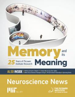 Fall 2019 Newsletter cover says "Memory and its Meaning" and shows an art installation in the looping shape of the limbic system