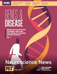 Newsletter cover says "Genes & Disease" and depcits a cartoon of a man walking up a DNA double helix