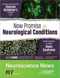 Newsletter cover features images of cells with the main headline "New Promise for Neurological Conditions"