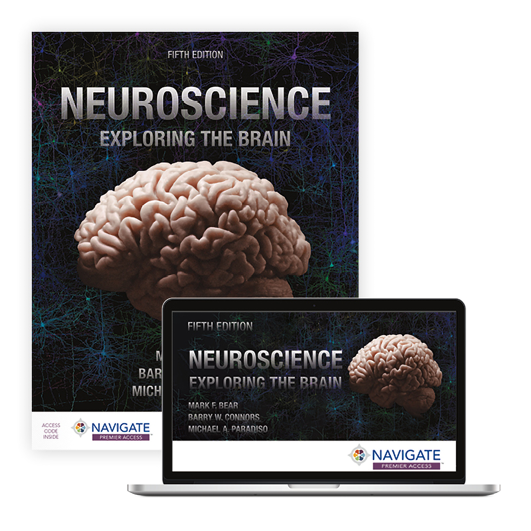 A picture of the cover of the textbook, which features a brain in profile on a dark background. Also in the picture, a laptop displays the cover image.