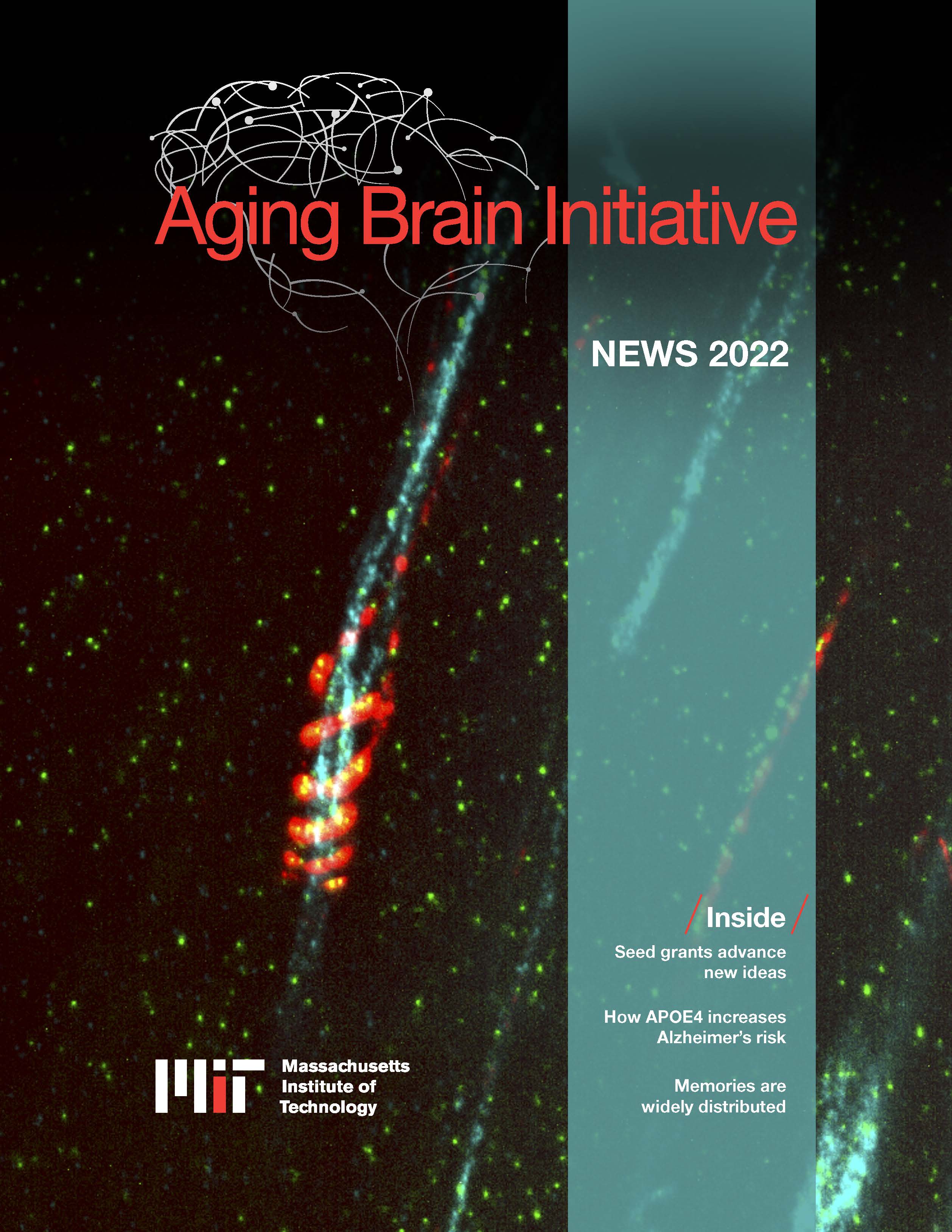 The cover of the 2022 Aging Brain Initiative News features a black field with many red dots. Featured in the foregound is a white streak with a red and yellow coil around it.