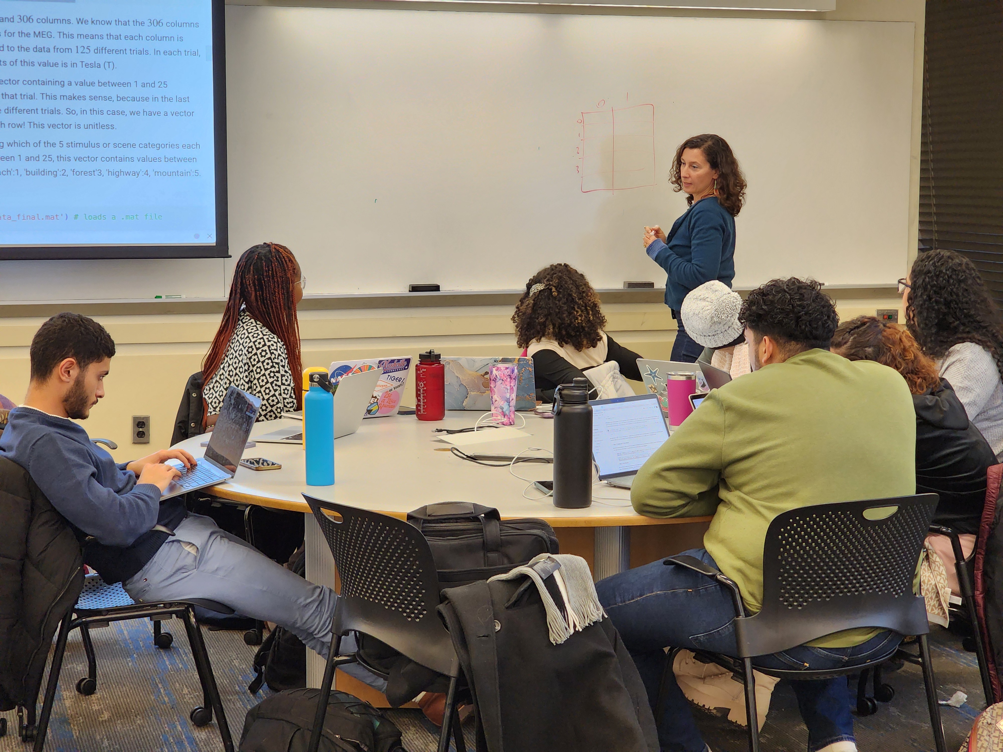 Tiziana Ligorio stands at a whiteboard next to a projector screen and looks back at a table of QMW students as she explains a programming concept.