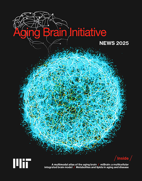 The cover of the 2025 Aging Brain Initiative newsletter features a big fuzzy-looking sphere of cells mostly colored in cyan but also with cells of green and other colors sprinkled throughout