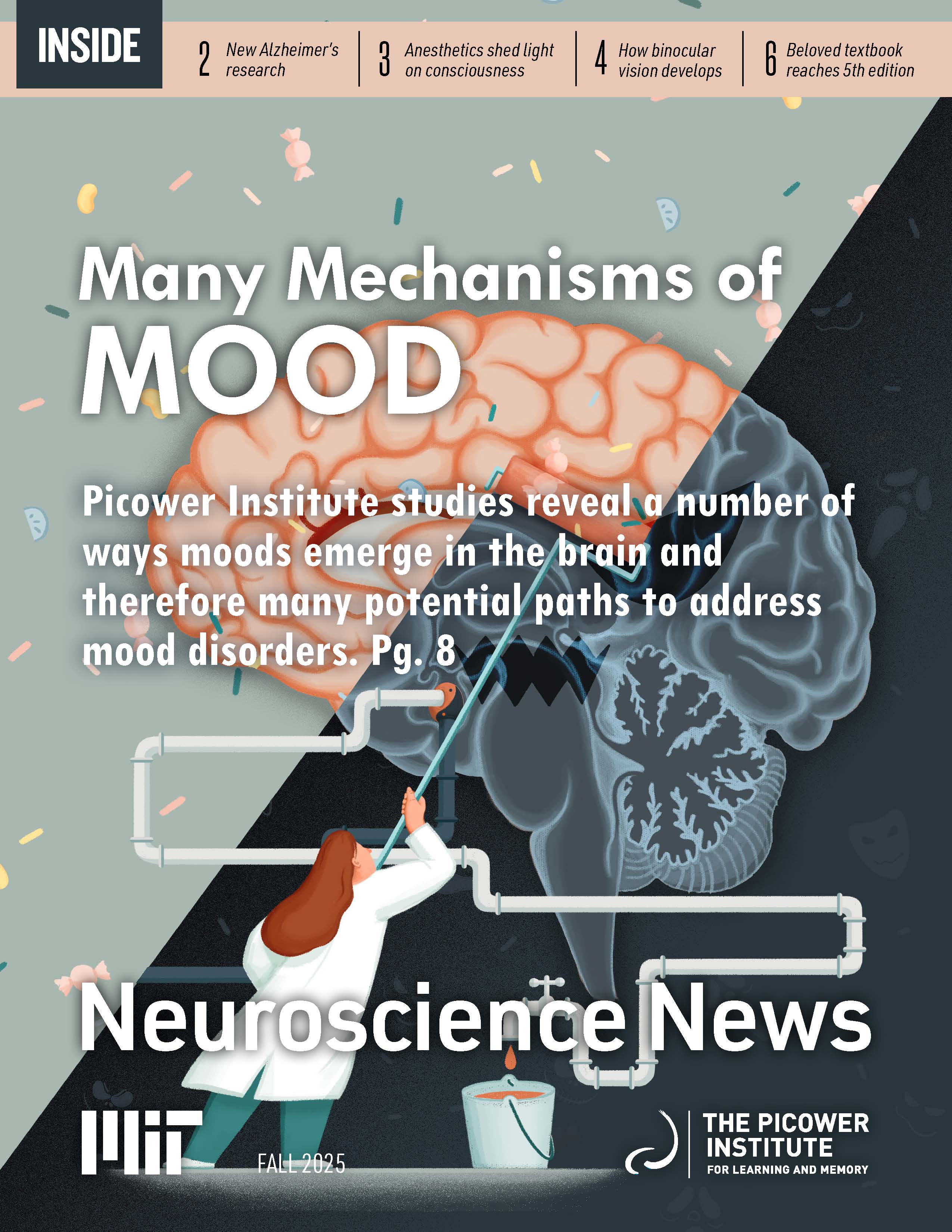 A cartoon of a scientist using a long pole to paint a gloomy looking brain over with a happier coat. The main text says "Many Mechanisms of MOOD"