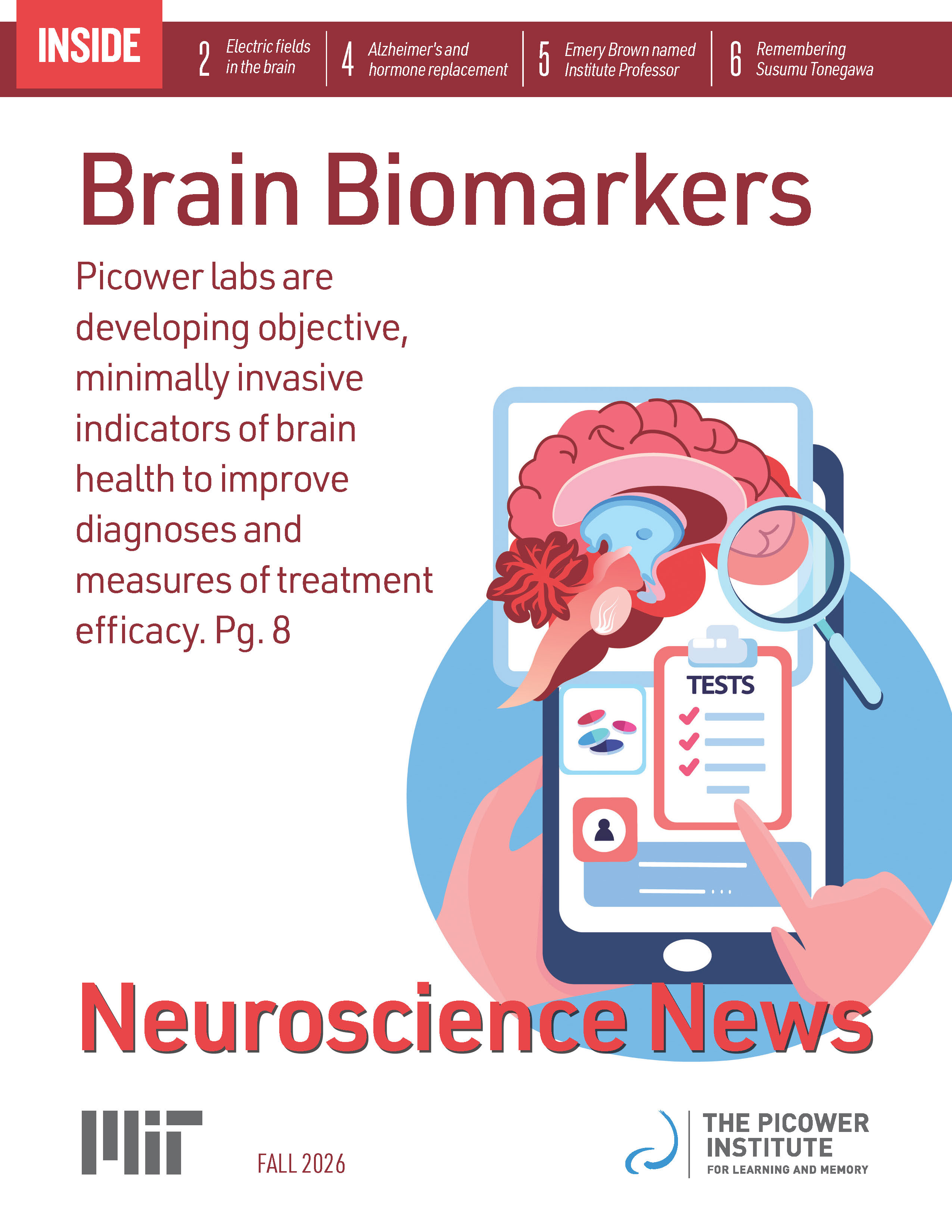 Newsletter cover features the text "Brain Biomarkers" and shows a 2D cartoon image of a medical computer tablet that has various charts and graphs and a cross sectional brain image on its display.