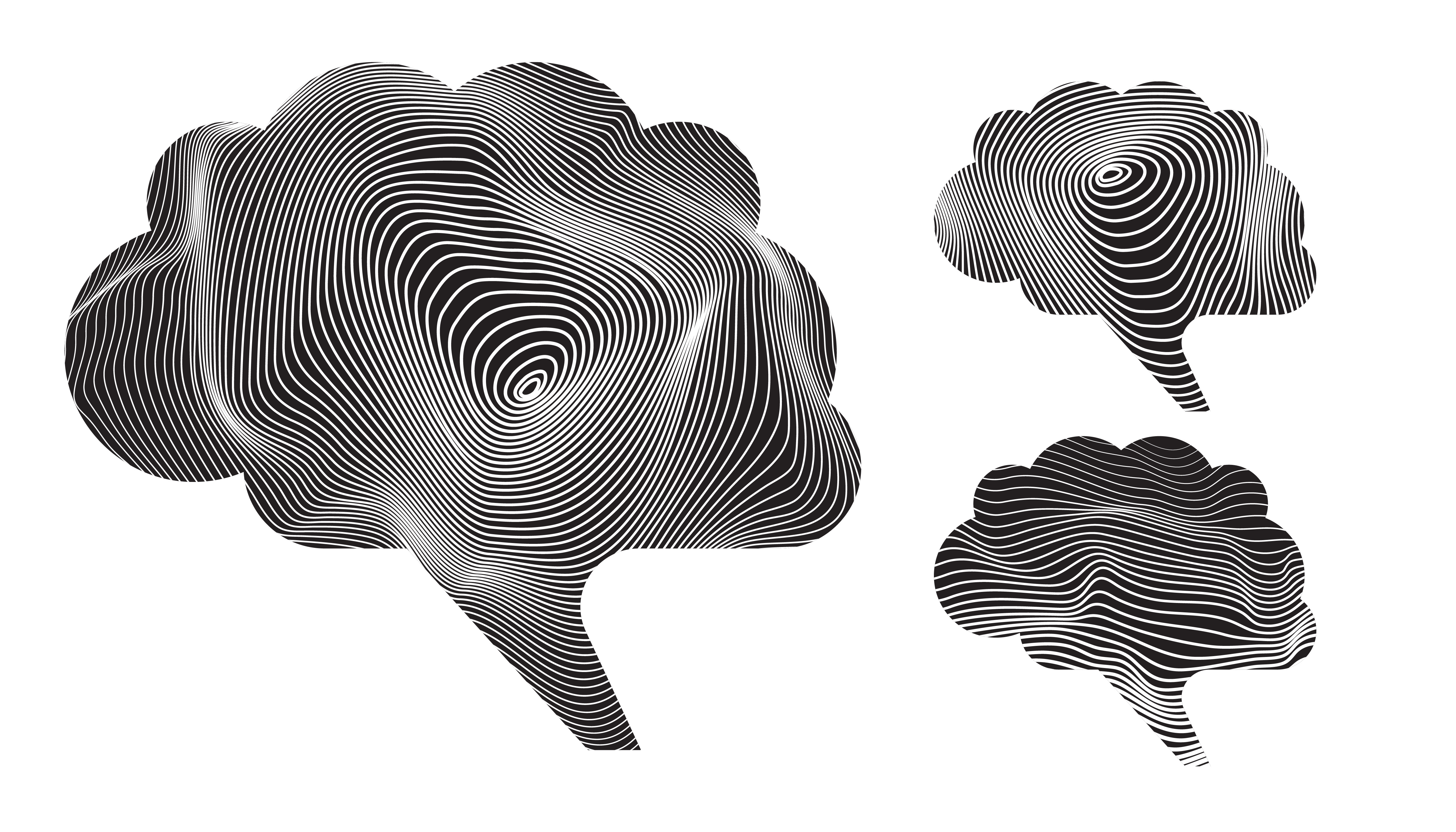 Three brain-shaped speak bubbles are black but full of white concentric lines that appear as ripples or waves in complex patterns