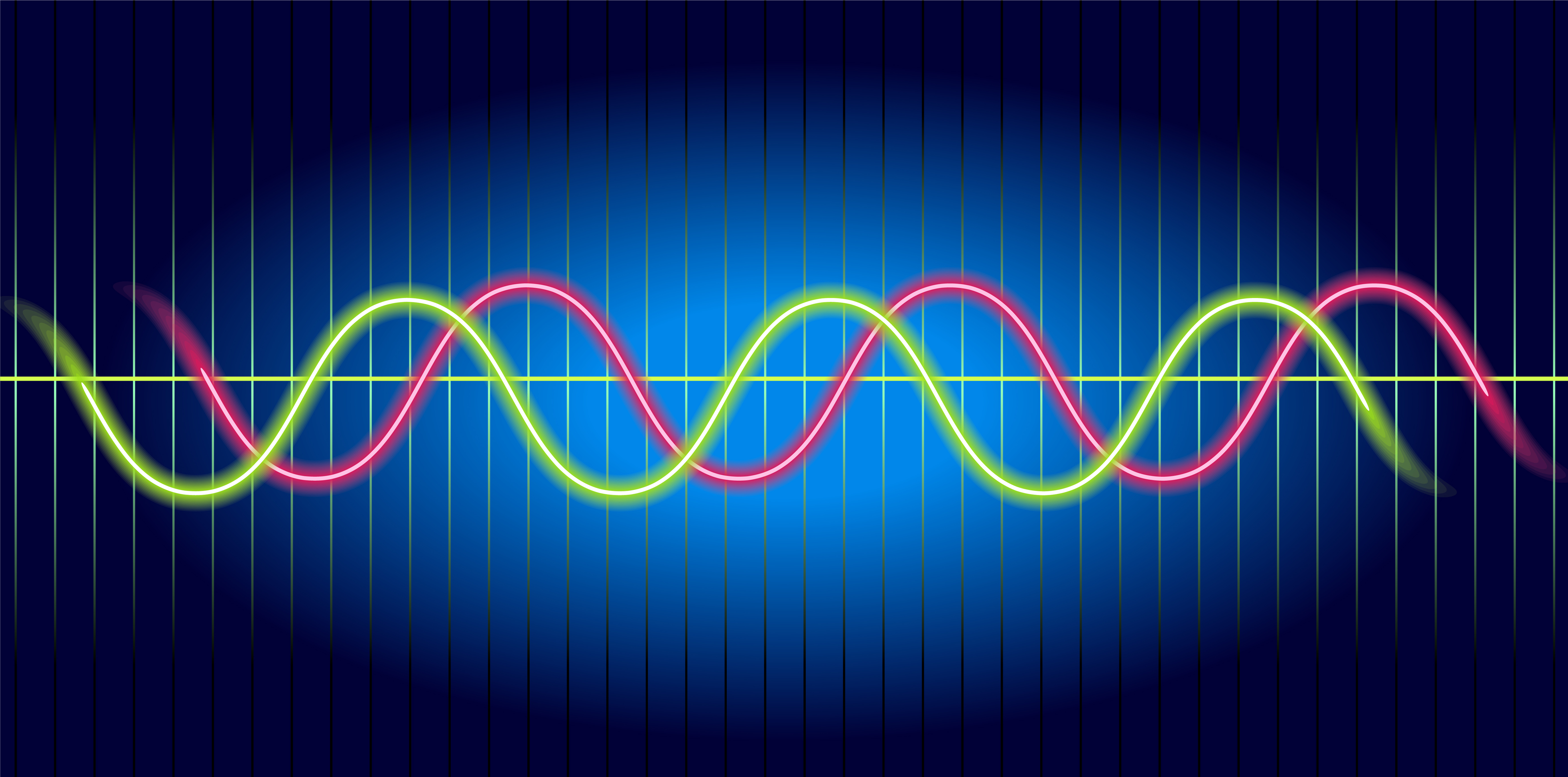 Against a dark blue background we see two sine waves shifted out of phase with eachother