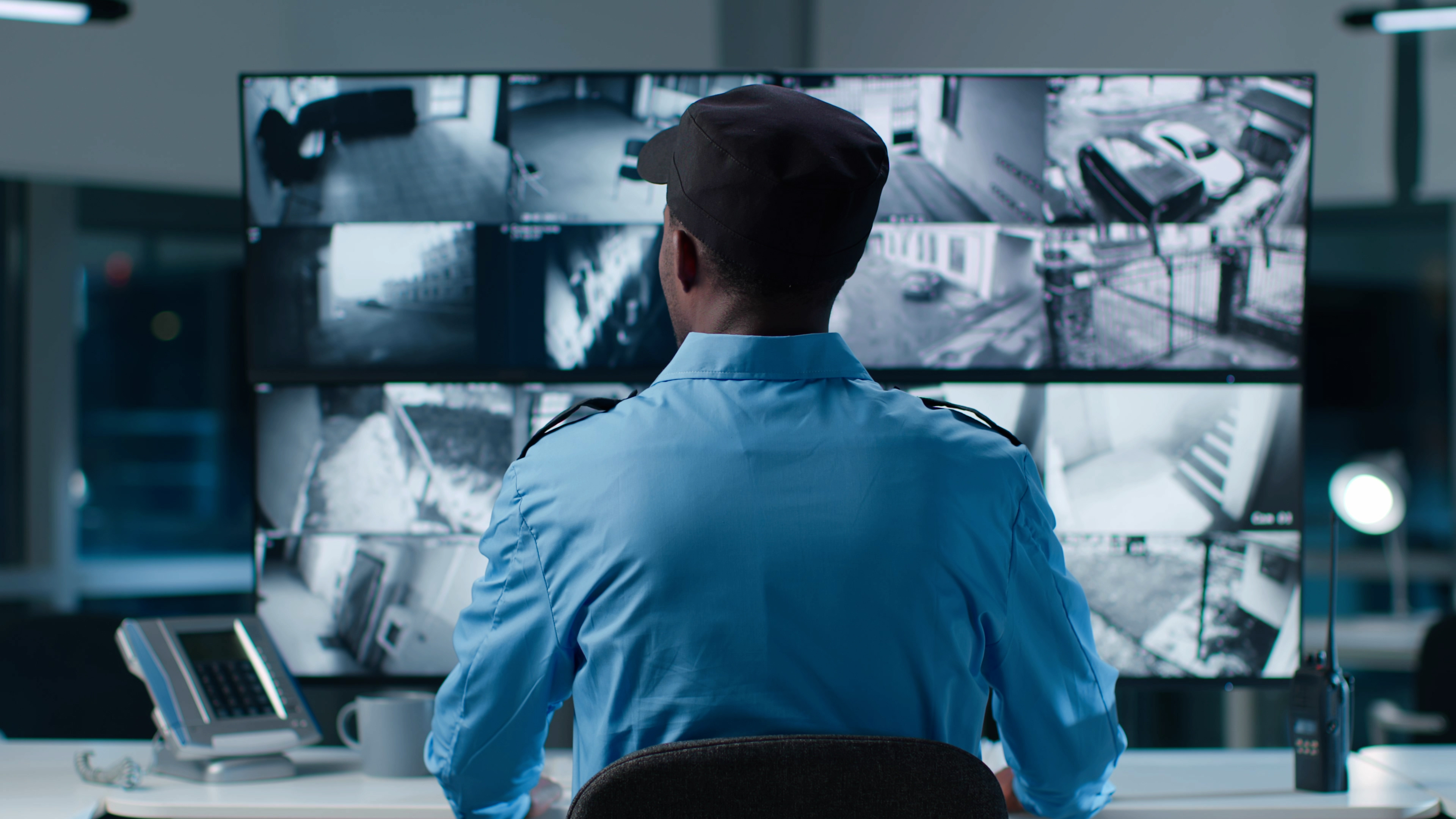 A security guard views a bank of eight monitors on his desk. The perspective of the image is from behind the security guard so that the various parts of a building's interior is visible on the monitors.