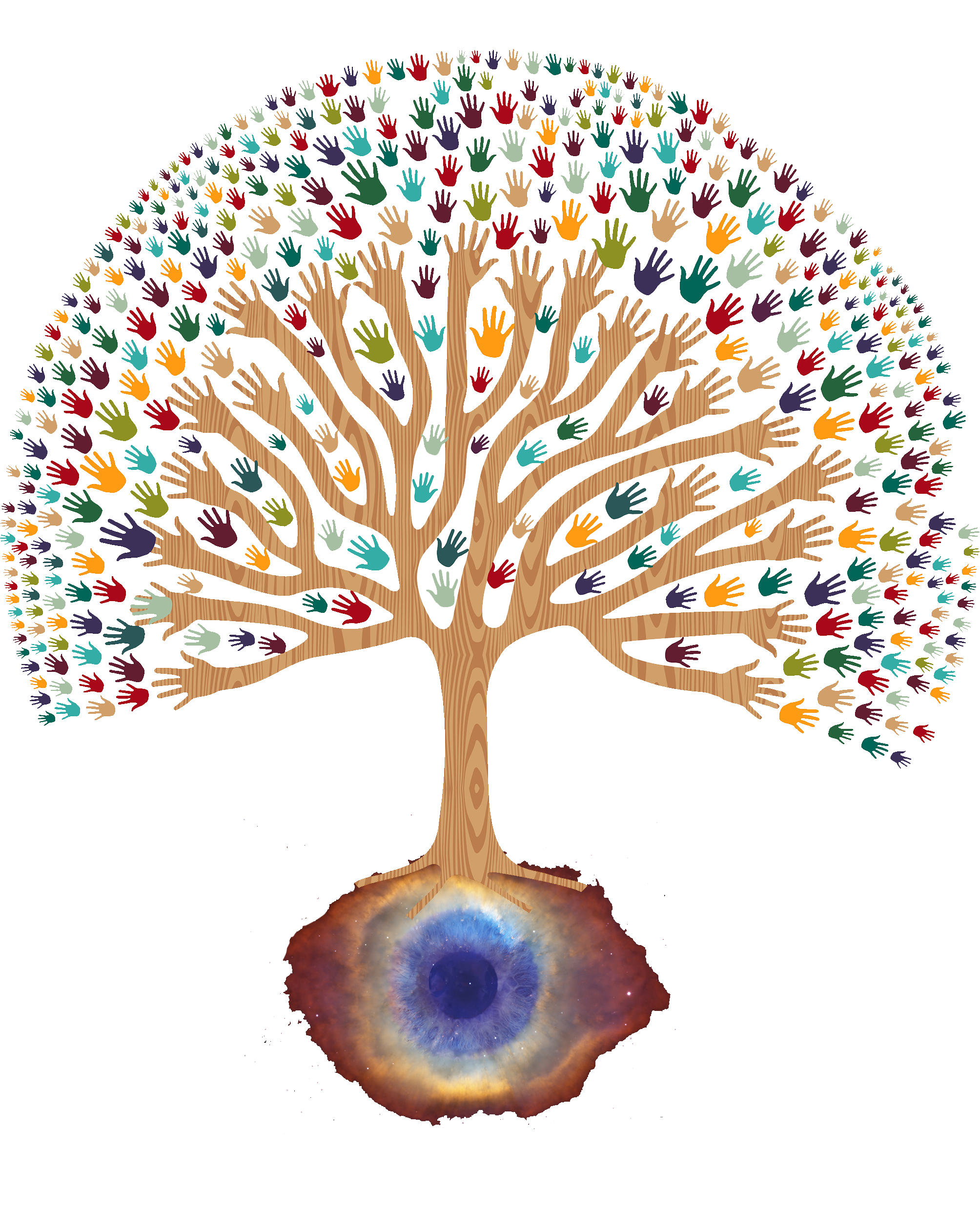 An illustration depicts a wood grained tree with a root ball that resembles an eye. Its branches end in hand shapes and ites leaves are shaped like hands of many different colors.