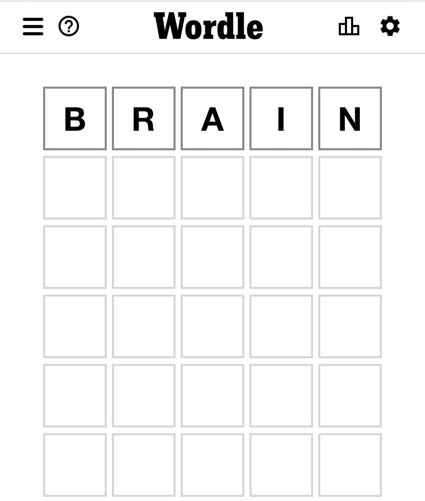 A screenshot of the game Wordle where the first word entered is "BRAIN"