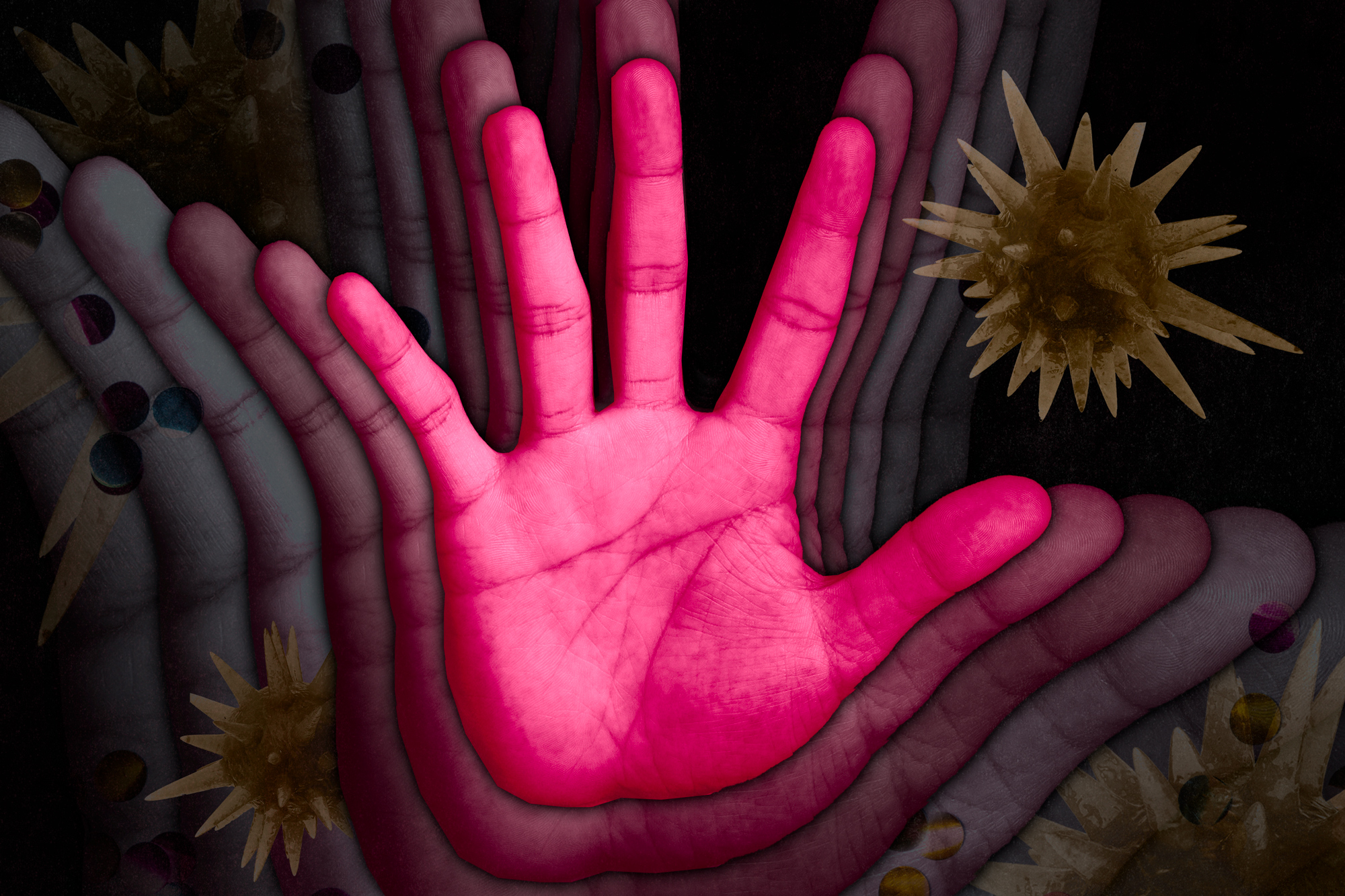 A hand with motion blur around it to suggest it's waving is surrounded by large spiky virus particles