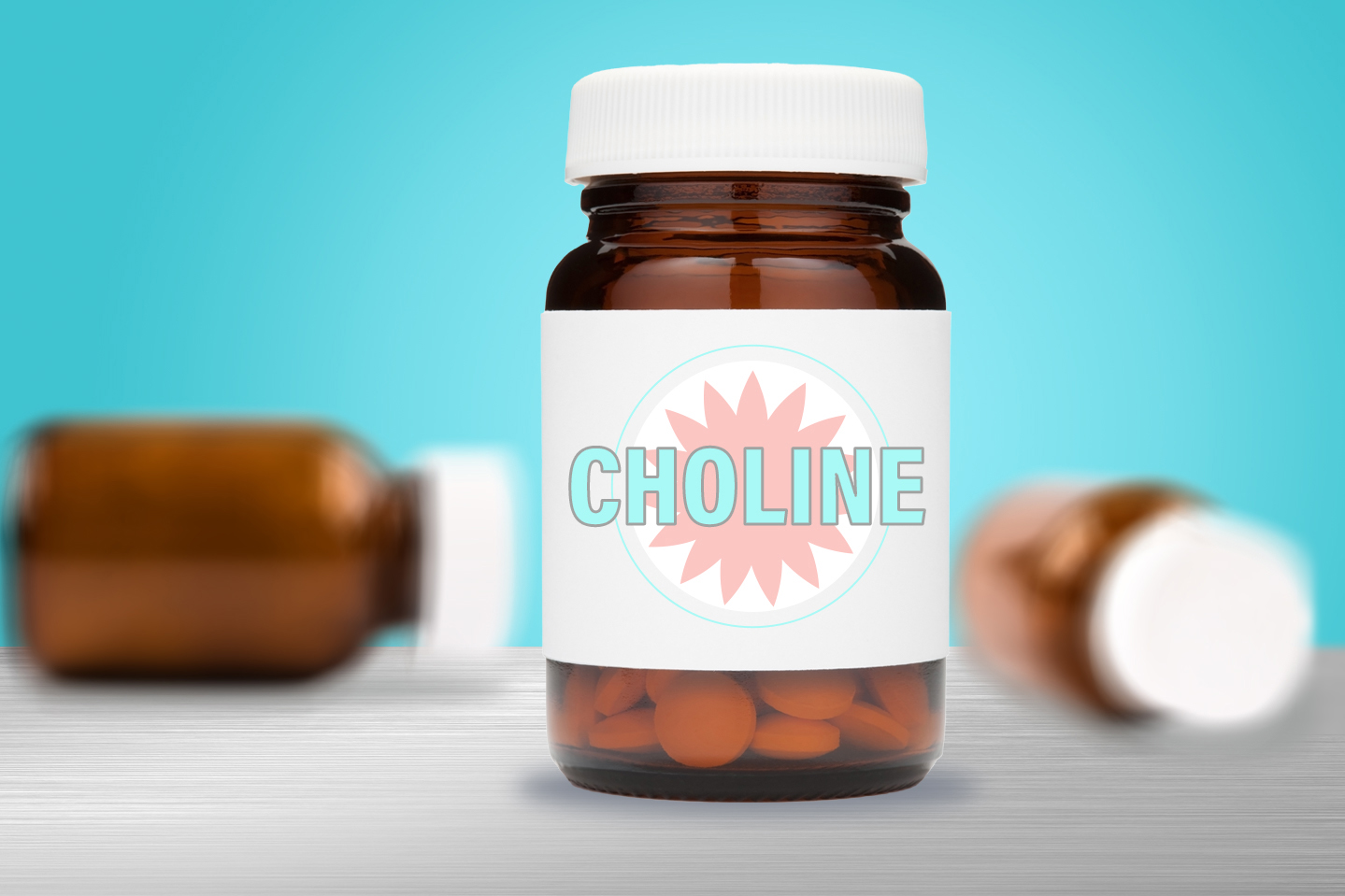 A medicine jar with a white label that says "choline" sits on a table