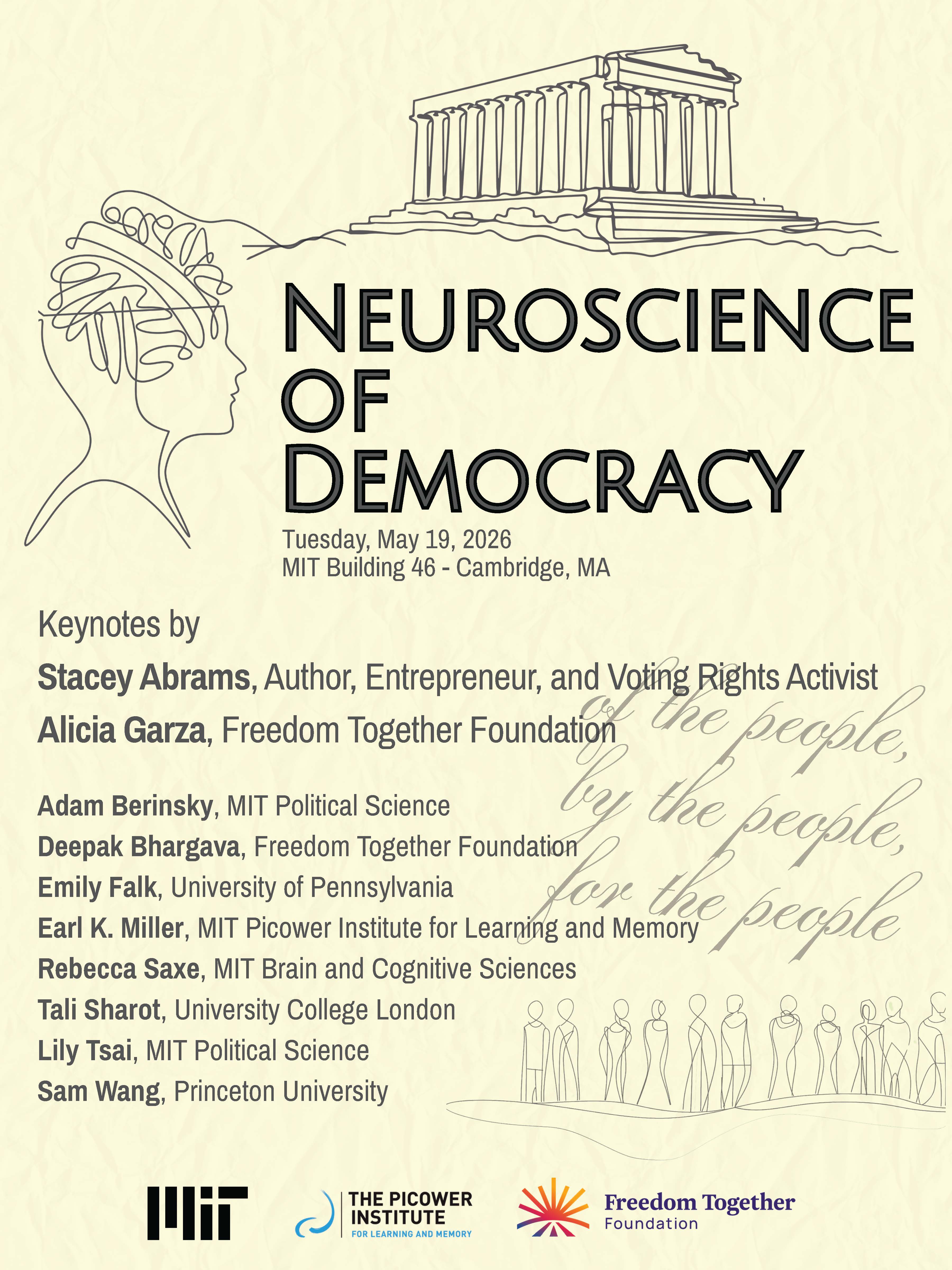Event poster on a parchment-like background features line art imagery of a brain in a head, the acropolis, the phrase "of the people, by the people, for the people," and a crowd of people.
