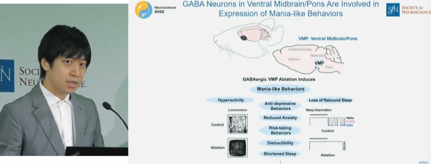 A screenshot detail shows Takato Honda speaking on the left while a slide outlining research results is on the right. The results show that ablating specific neurons leads to manic behaviors