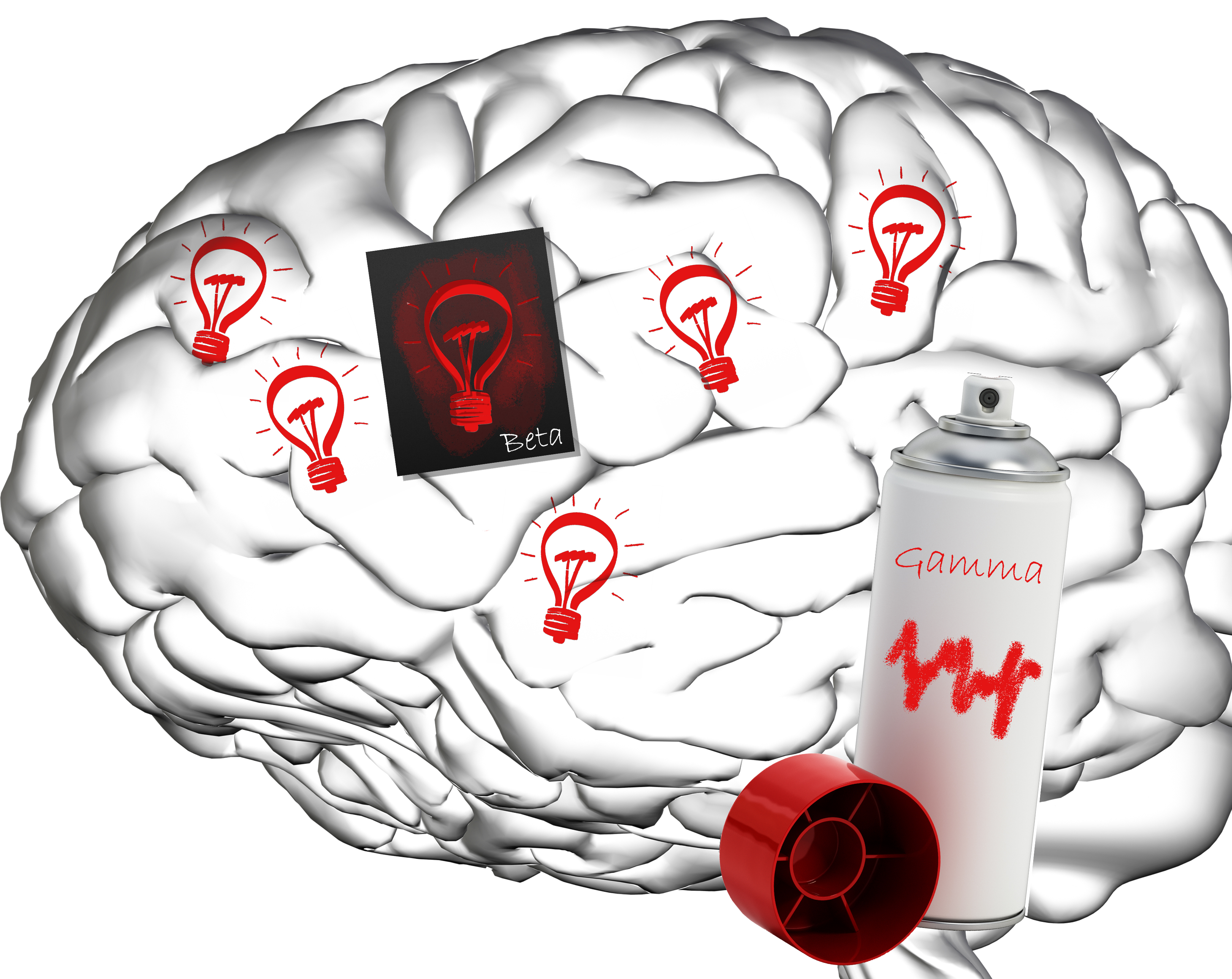 A black and white brain shown in profile is decorated with red light bulbs on its surface. In one spot, a stencil for making the light bulbs, labeled "beta," is present. Nearby is a can of red spray paint labeled "gamma" with a little wave on it.