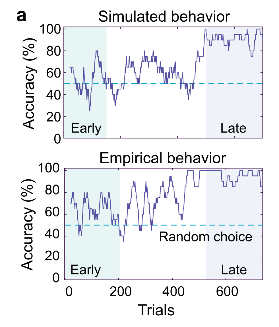A pair of graphs plot accuracy on the y axis and trials on the bottom axis. The line wiggles a lot but generally increases as trials increase.