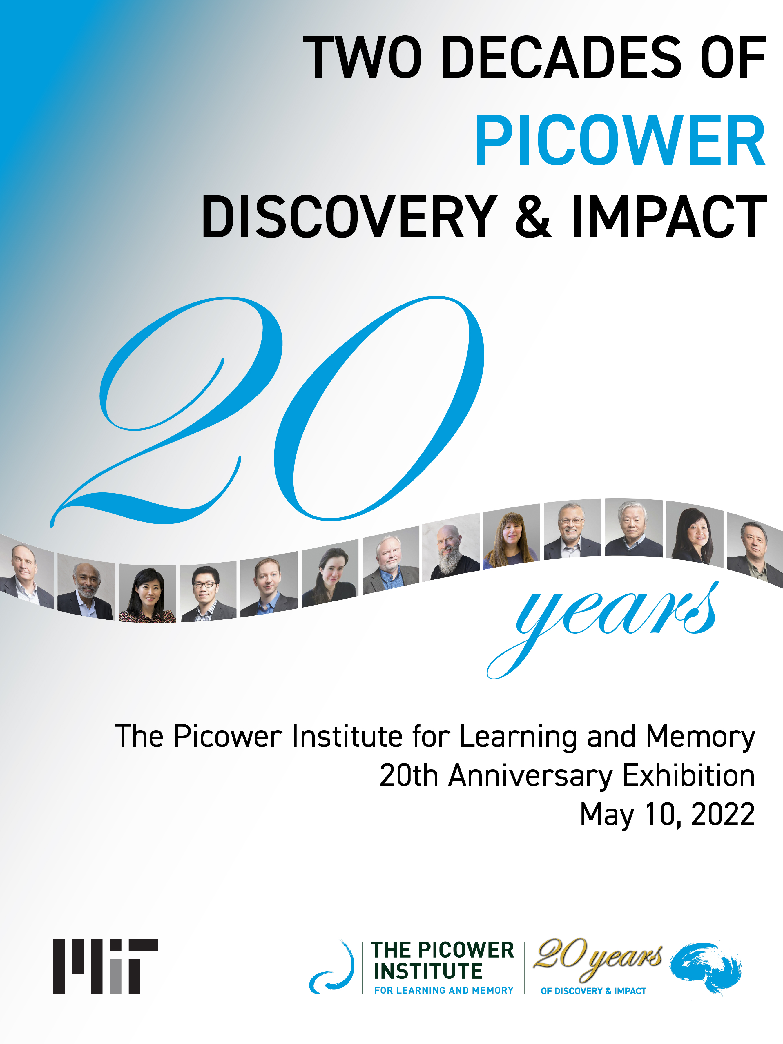 White and blue event poster features a big "20" and a wavy ribbon of photos of the 13 current institute faculty