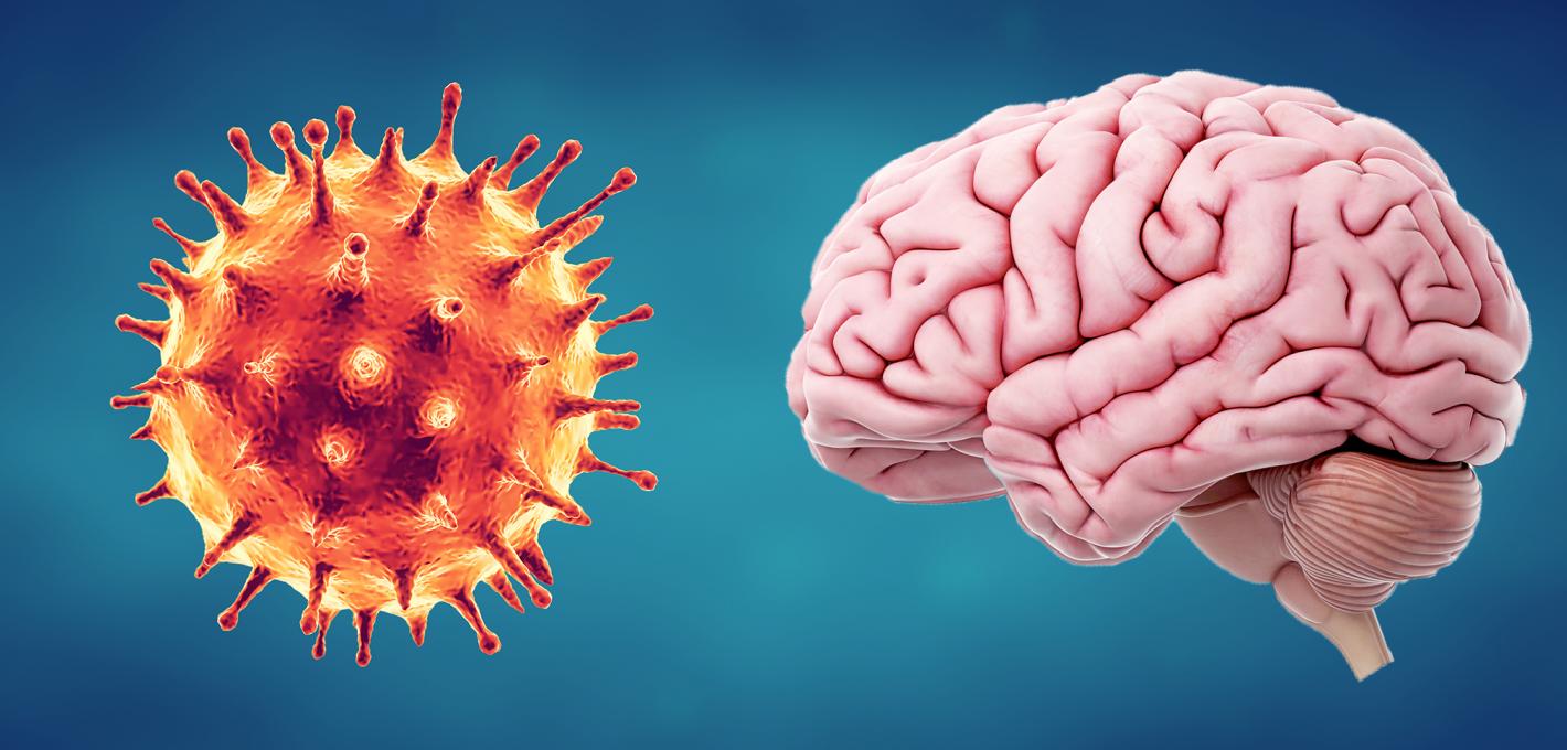 Before a blue background a coronavirus and a brain are shown side by side