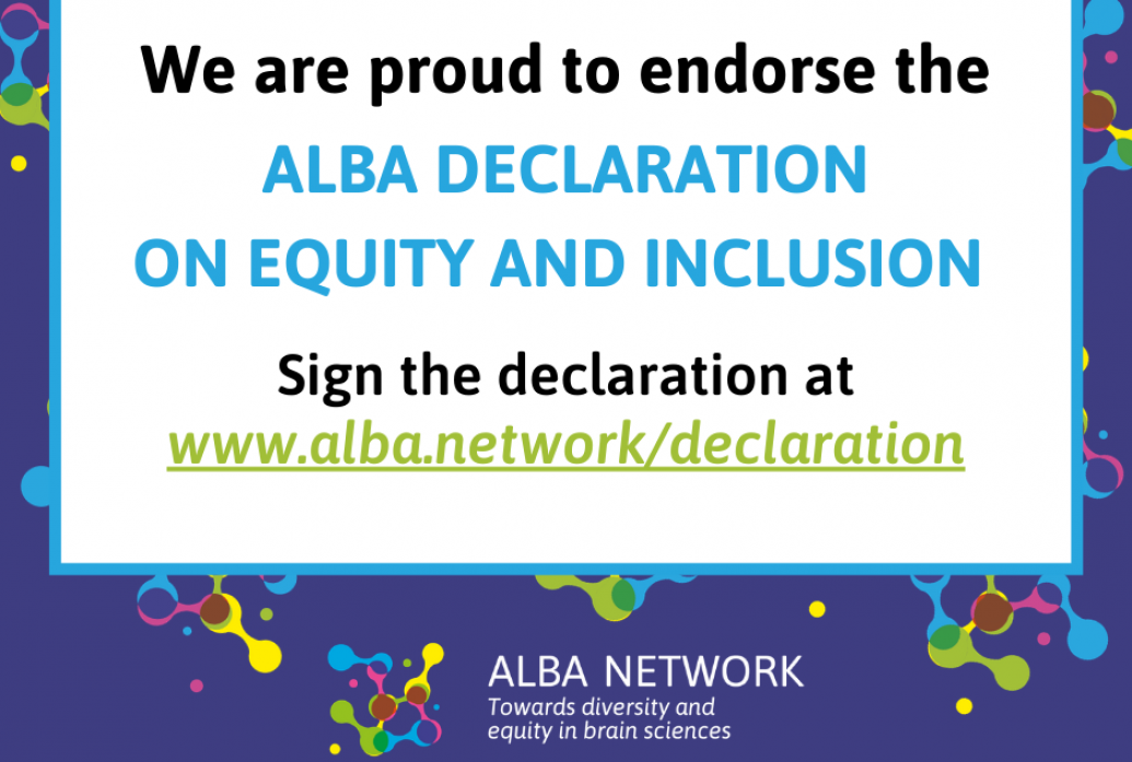 A colorful digital placquard says "We are Proud to Endorse the ALBA Declaration on Equity and Inclusion. Sign the declaration at www.alba.network/declaration"