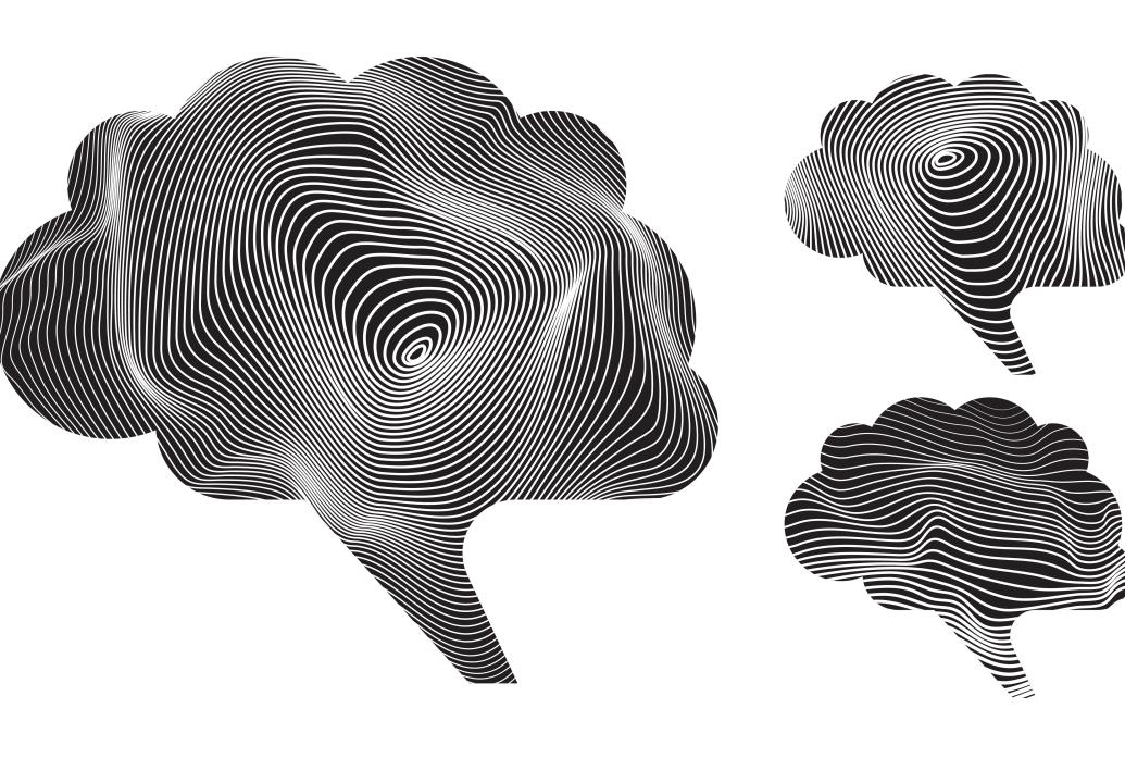 Three brain-shaped speak bubbles are black but full of white concentric lines that appear as ripples or waves in complex patterns