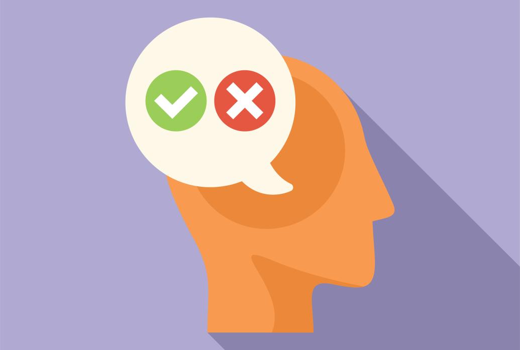 An illustration depicts a head in profile with a speak bubble containing a check symbol next to an x symbol. The background is pink