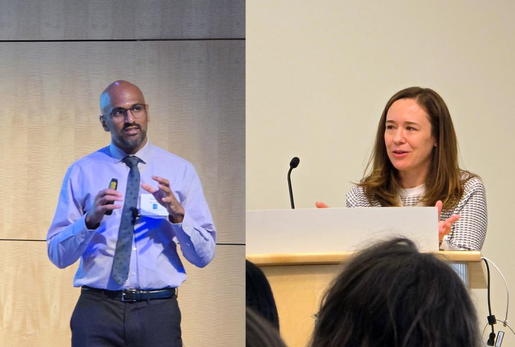 In side by side panels Ravikiran Raju and Sara Prescott deliver talks from the front of large rooms. Prescott is at a lectern.