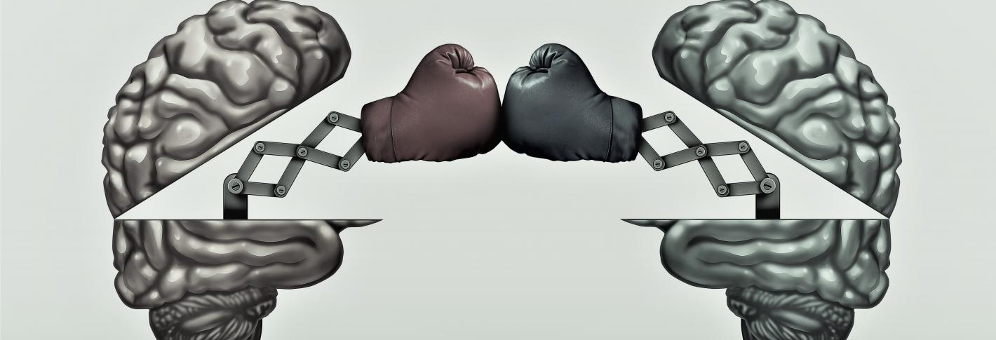 two brains open up to reveal punching bags aimed at eachother