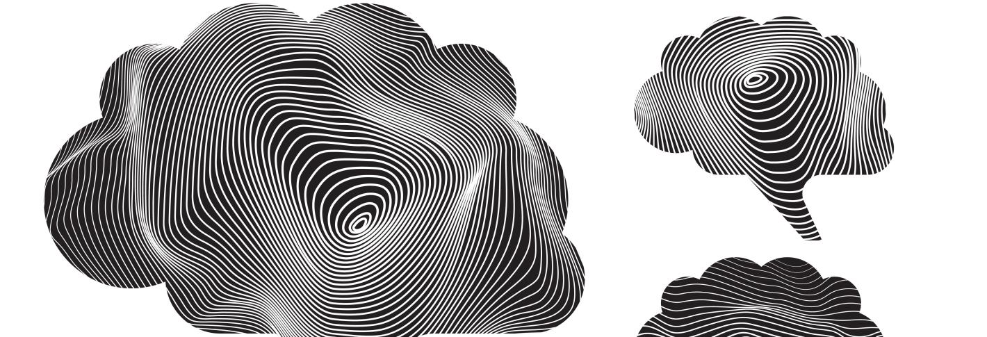 Three brain-shaped speak bubbles are black but full of white concentric lines that appear as ripples or waves in complex patterns