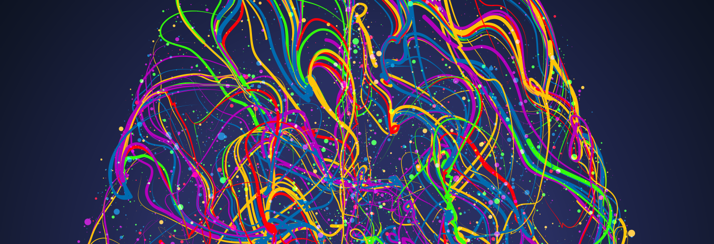 An illustration employs long, colorful squiggly lines and arbitrarily placed small colorful dots to form the image of a brain as if viewed from overhead.