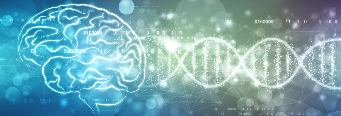 On a blue background there is a white line-art drawing of a brain overlaid on a horizontal-running DNA double helix.