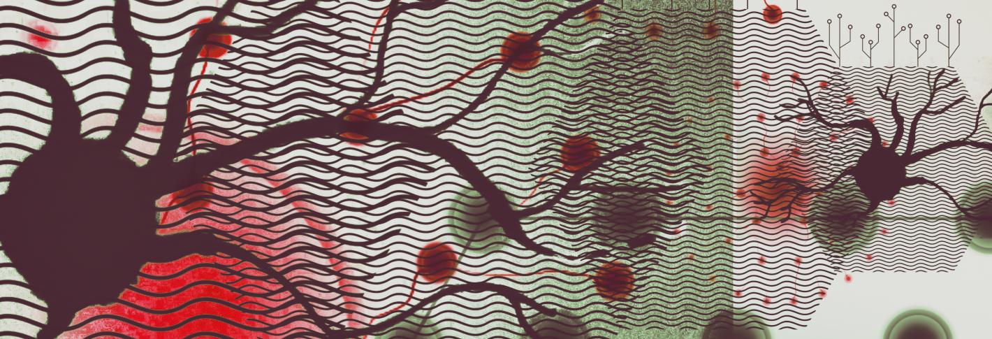 An illustration shows neurons intermixed with waves and printed circuit patterns