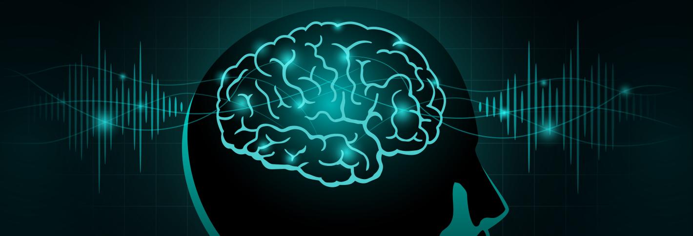 On a black background there is a profile of a head with a light colored line-art brain in the middle. The brain has bright spots in various areas. From front and back, waves made of vertical lines emanate from the head.