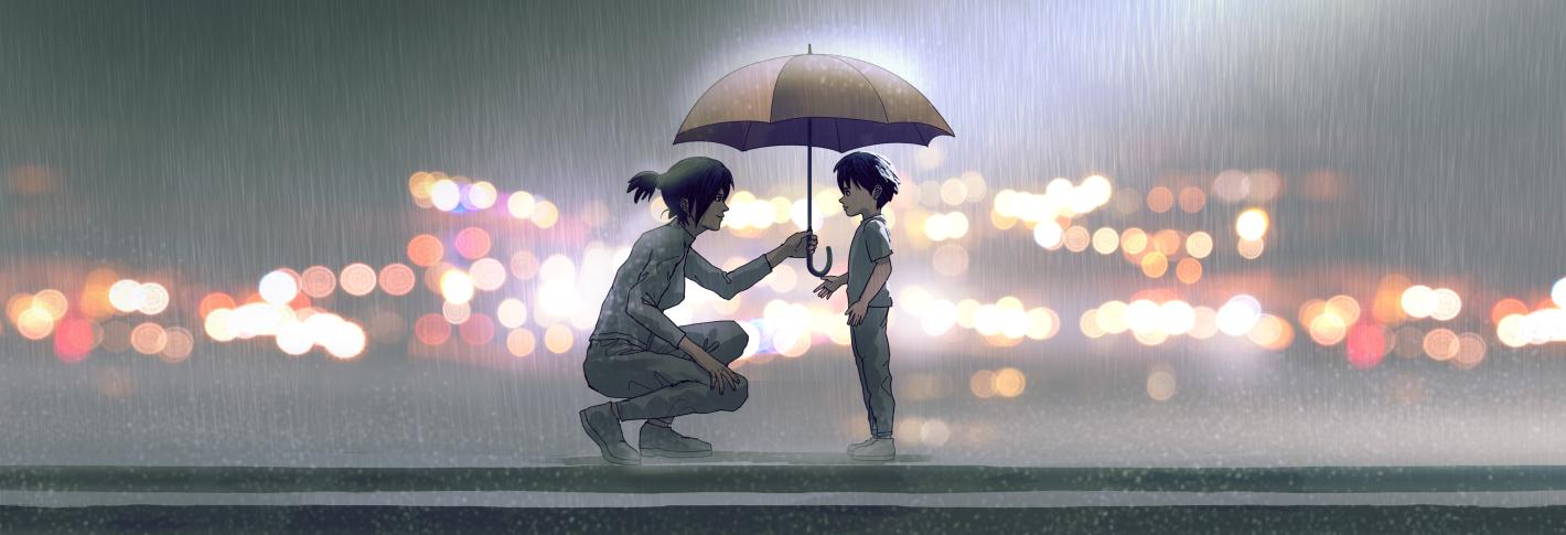 A cartoon of a woman handing an umbrella to a small boy as rain falls on the outskirts of a big city.