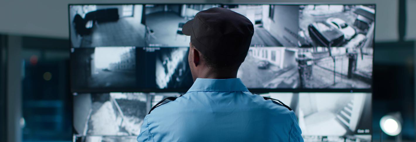 A security guard views a bank of eight monitors on his desk. The perspective of the image is from behind the security guard so that the various parts of a building's interior is visible on the monitors.