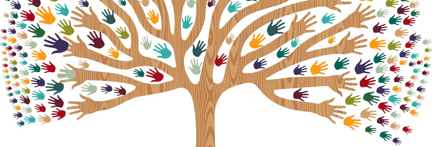 An illustration depicts a wood grained tree with a root ball that resembles an eye. Its branches end in hand shapes and ites leaves are shaped like hands of many different colors.