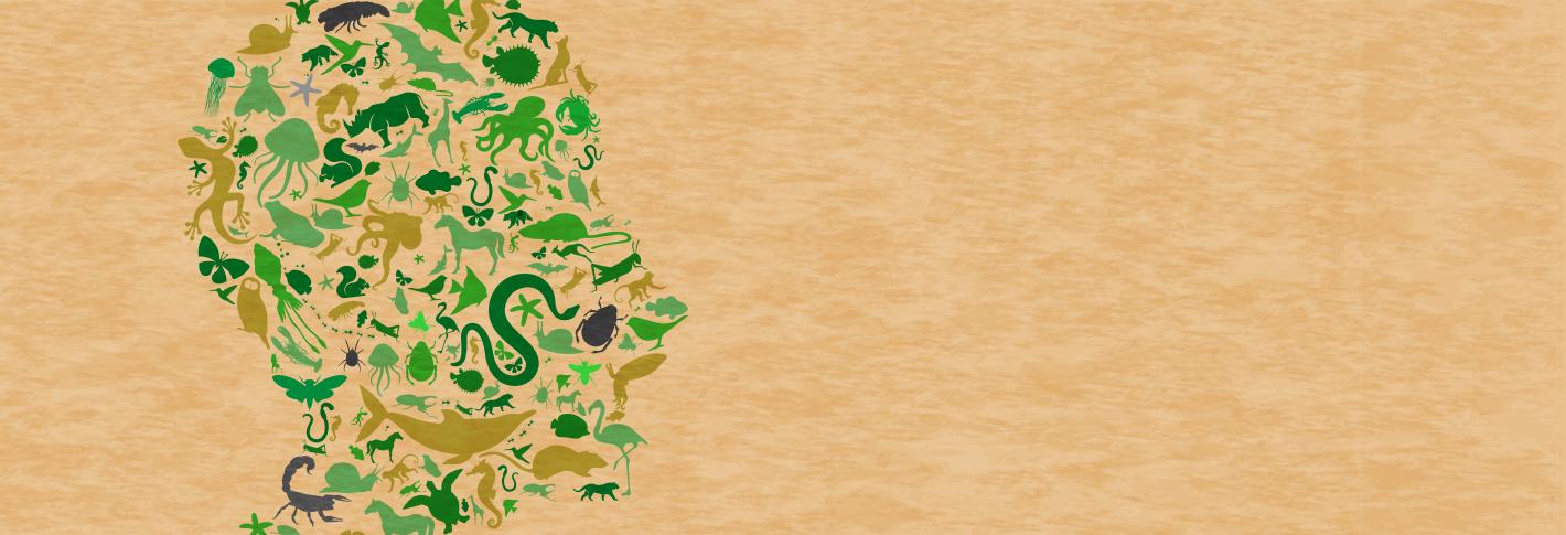 On a background of parchment paper a profile of a head is composed entirely of various animal silhouettes in subtle earth tones.