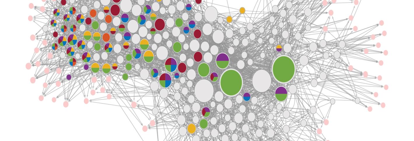 A diagram shows hundreds of dots interconnected by gray lines. Many of the dots show combinations of different colors, denoting which serotonin receptors they express.