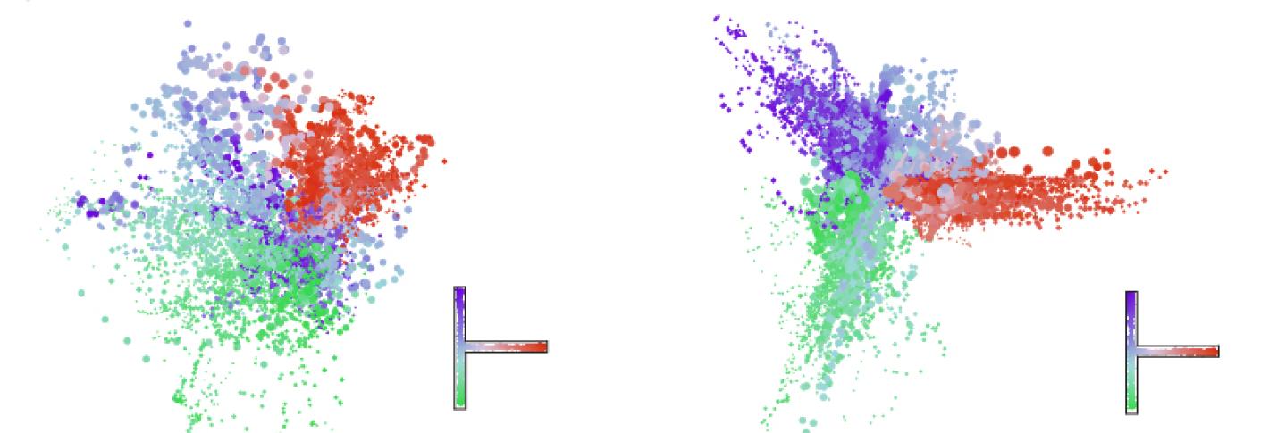 Two colorful arrays of dots are side by side. The left array, labeled session 1, is in a vaguely circular shape. The right array, labeled session 5, is in a structure similar to a sideways T, which is the actual shape of the maze that mice ran through.